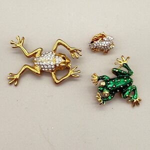 Vintage Frog Brooch Pin Set 3pc Gold Tone Rhinestone Green Enamel Crystal Animal